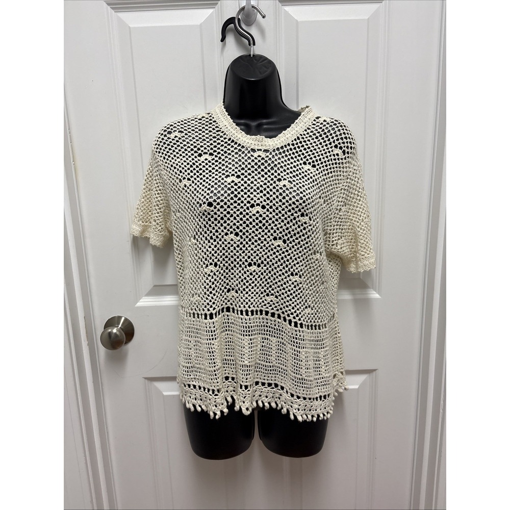 Vintage Ivory Crochet‎ Lace Short Sleeve Top Boho Peasant Top